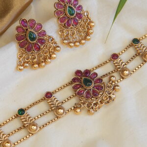 Royal Lotus Kundan Choker Set - (Ruby and Emerald)