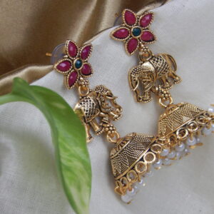 Ruby Floral Elephant Jhumka with Pearls