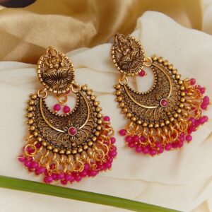 Antique Gold Lakshmi Chandbali Earrings with Beaded Drops – Traditional Temple Jewelry