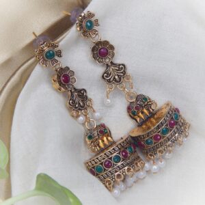 Elephant Motif Antique Gold Jhumka with Pearls (Copy)