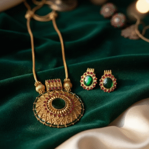 Antique Gold Green Ruby Necklace Set | Traditional Temple Design Jewelry