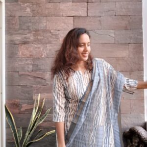 Elegant Chanderi Silk Kurta Set with Dupatta – Striped & Geometric Weave