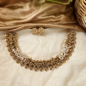 Antique Gold Bead Cluster & White Pearl Temple Necklace Set