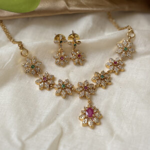 Diamond-Look Floral Necklace Set with Pink Drop Pendant