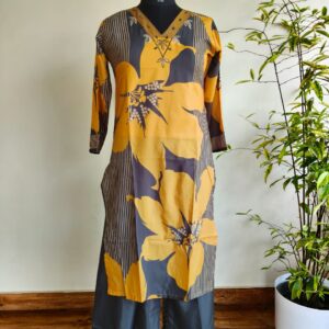 Star Muslin Printed Kurti Set for Women – Mustard & Grey Ethnic Wear