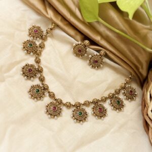 Temple Coin Necklace Set with Ruby & Emerald Stones and Pearl Detailing