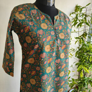 Teal Indian Floral Print Cotton Kurta