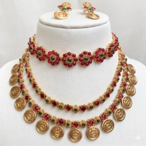 Temple Jewellery Combo Set – Layered Coin Necklace, Floral Choker & Earrings with Ruby & Emerald Stones